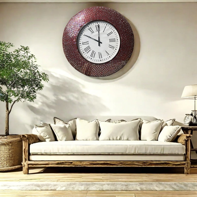 Handcrafted Red Mosaic Wall Clock with Roman Numerals - Bold Decorative Accent