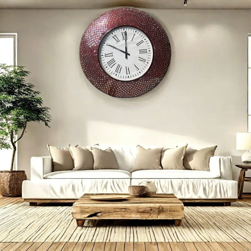 Handcrafted Red Mosaic Wall Clock with Roman Numerals - Bold Decorative Accent