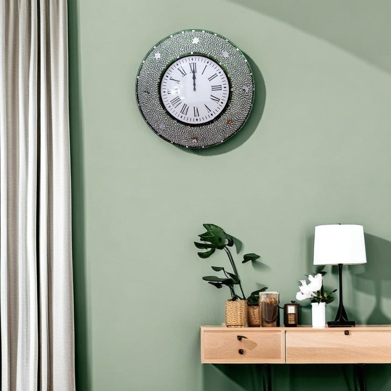 Green Handcrafted Mosaic Wall Clock with Roman Numerals - Stylish Decorative Accent