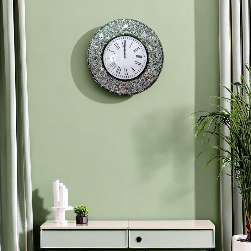 Green Handcrafted Mosaic Wall Clock with Roman Numerals - Stylish Decorative Accent