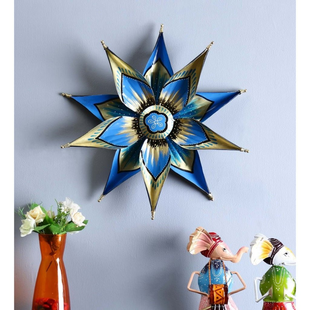 Artisanal Metal Wall Art in Blue & Gold Floral Design – 17 - Inch Decorative Star - Wall Art at Nestern