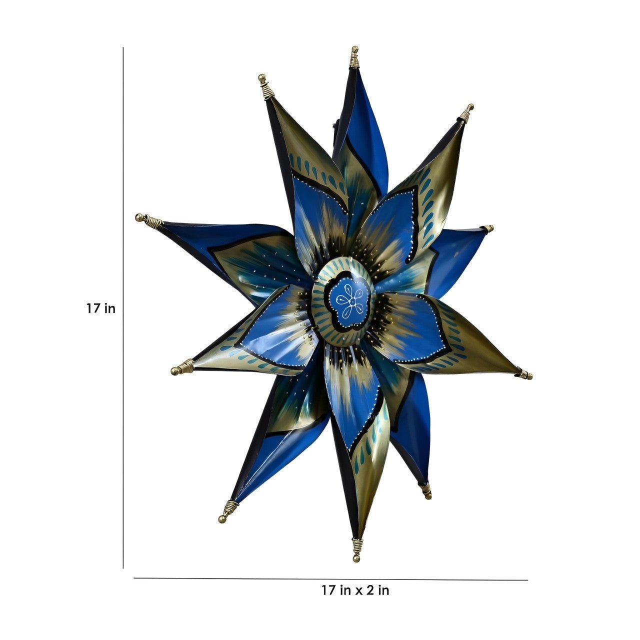 Artisanal Metal Wall Art in Blue & Gold Floral Design – 17 - Inch Decorative Star - Wall Art at Nestern