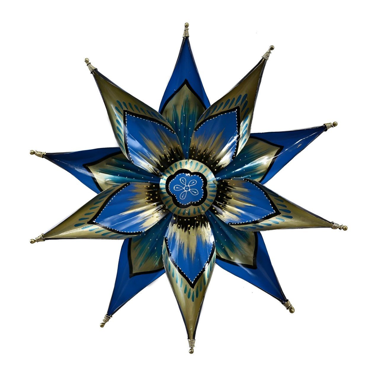 Artisanal Metal Wall Art in Blue & Gold Floral Design – 17 - Inch Decorative Star - Wall Art at Nestern