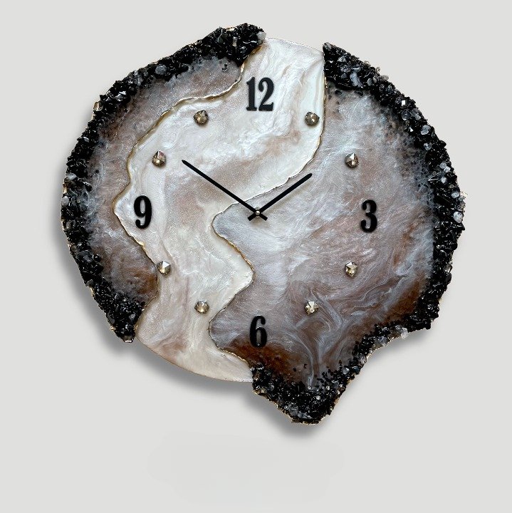 Artistic Epoxy Resin Wall Clock – Silver, Gold, Brwon & Black Design - Wall Clock at Nestern