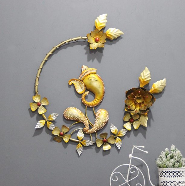 Artistic Ganesha Metal Wall Art – Floral Design with Divine Detailing - Wall Art at Nestern