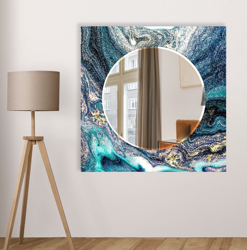 Blue Framed Square Mirror with Circular Center – Elegant and Unique - Wall Mirror at Nestern