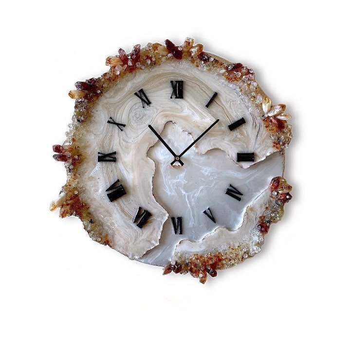 Brown Wall Clock with Natural Stone Sculpture – White & Brown Agate - Wall Clock at Nestern