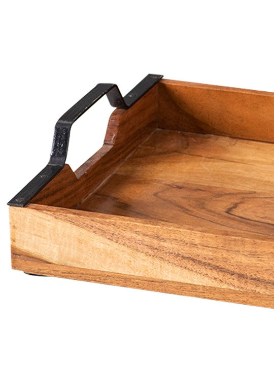 Sheesham Wood Serving Tray with Black Metal Handles