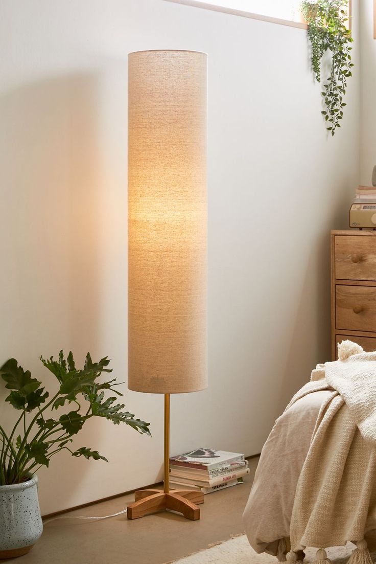 Chic Cylinder Shape Floor Lamp with Wooden Base, Warm Atmosphere - Home Decor at Nestern