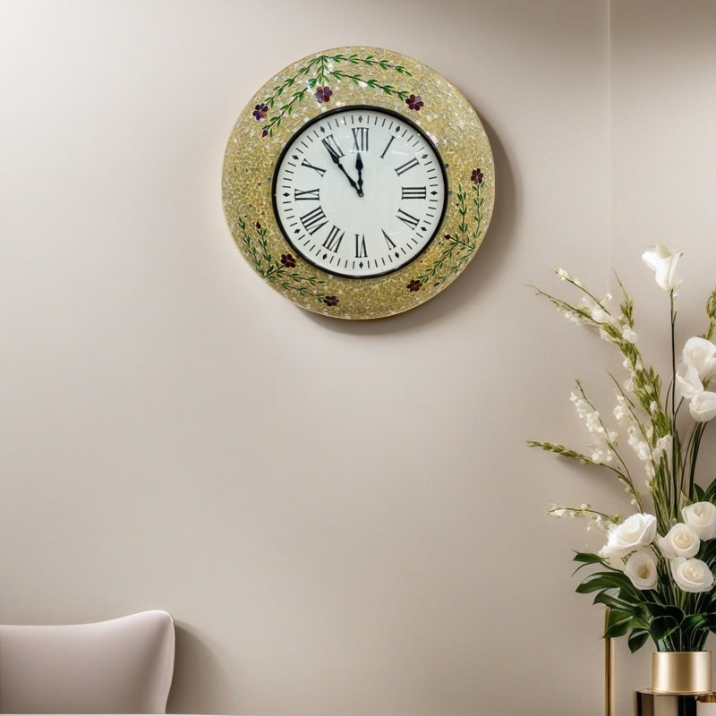 Floral Handcrafted Mosaic Wall Clock with Roman Numerals - Elegant Home Décor