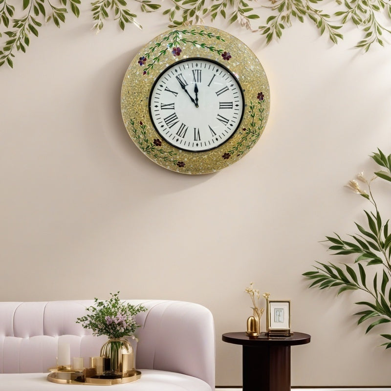 Floral Handcrafted Mosaic Wall Clock with Roman Numerals - Elegant Home Décor