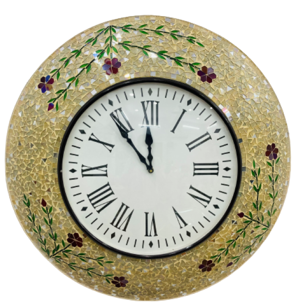 Floral Handcrafted Mosaic Wall Clock with Roman Numerals - Elegant Home Décor