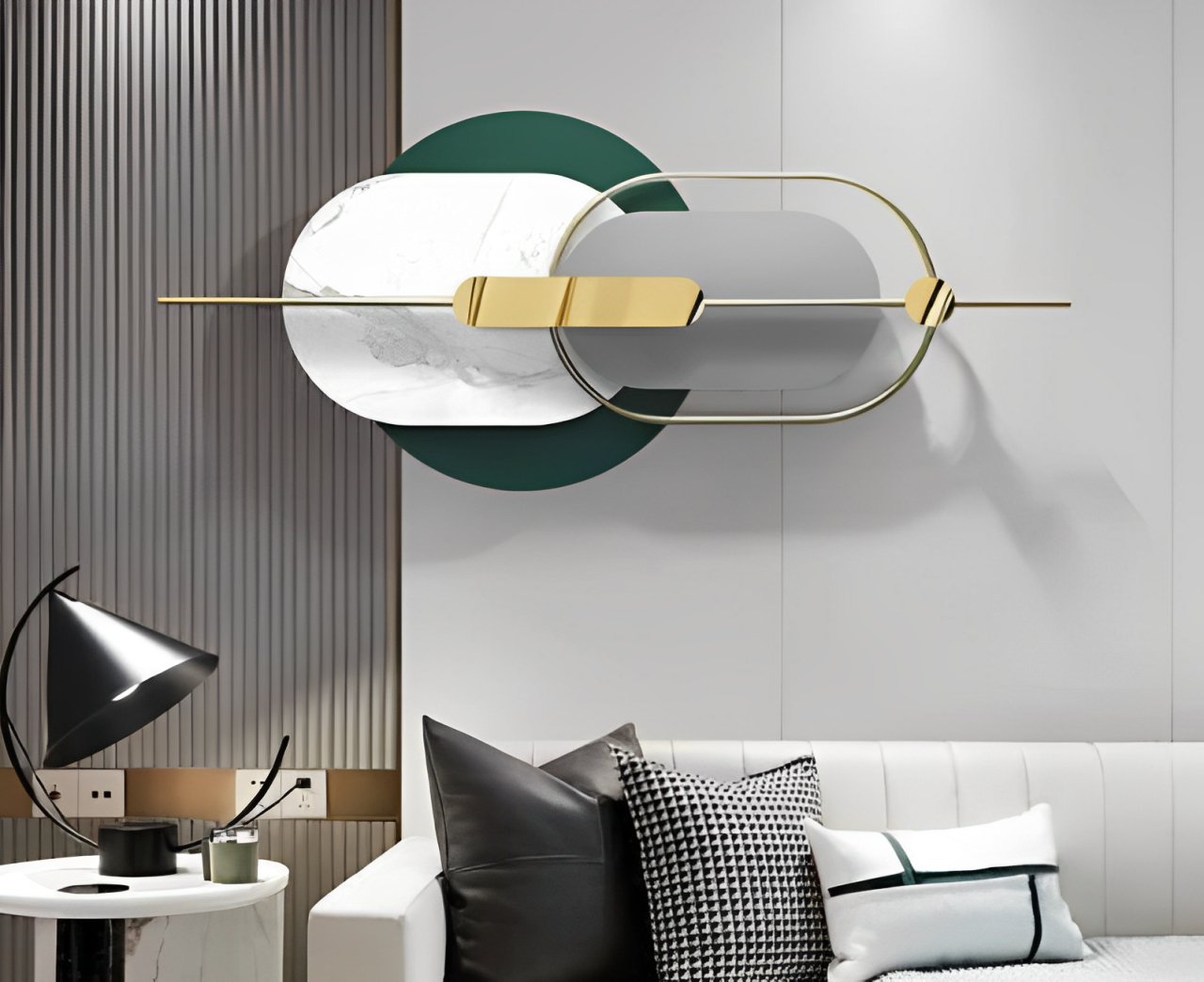 Contemporary Abstract Metal Wall Art with Geometric Shapes in Gold and Marble Finish - Wall Art at Nestern