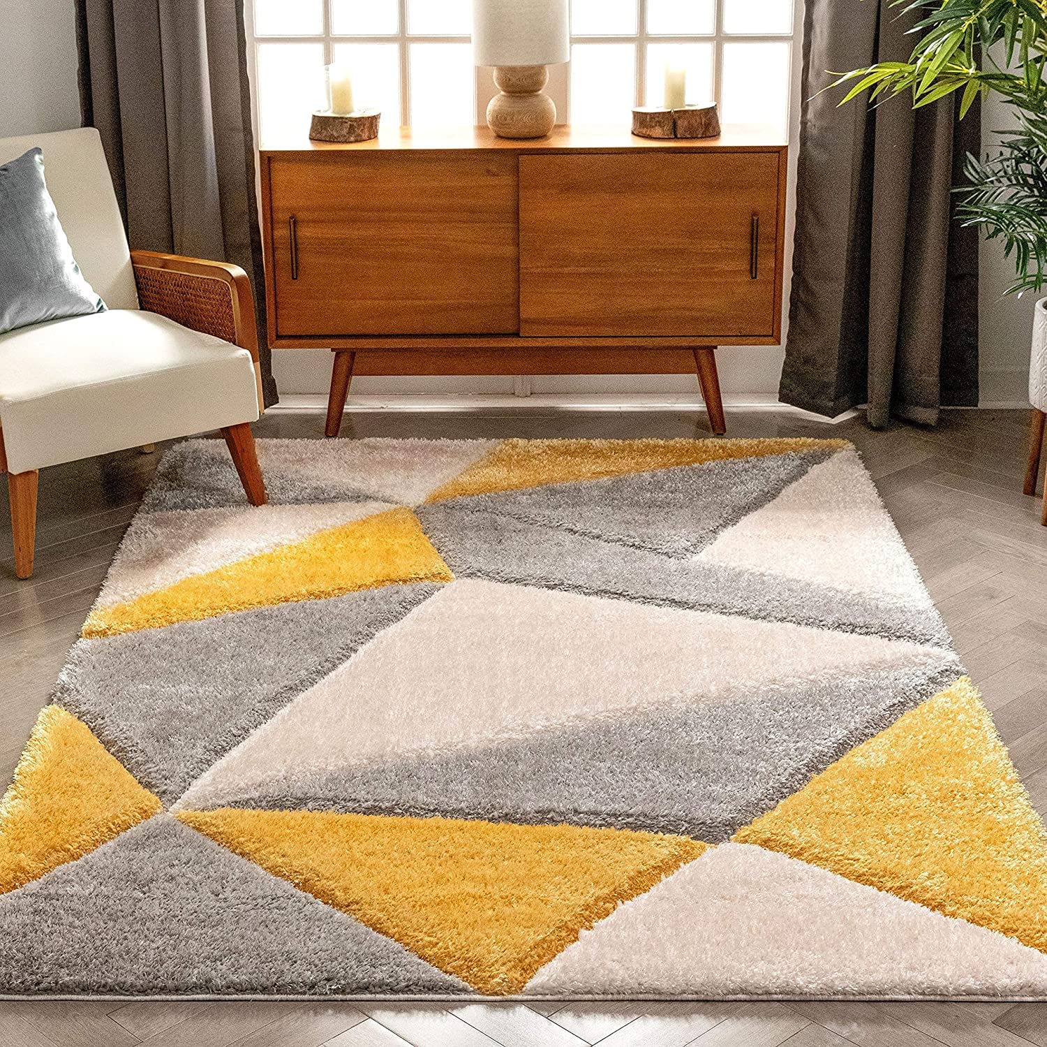 Contemporary Geometric Yellow and Grey Area Rug - Rugs at Nestern