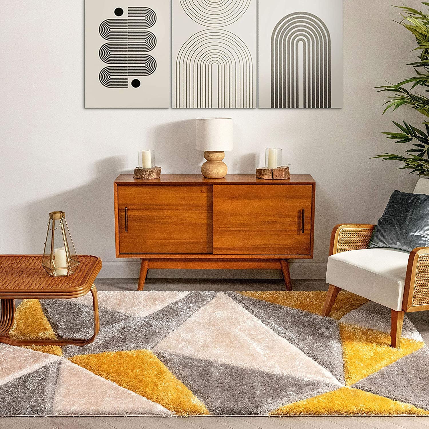 Contemporary Geometric Yellow and Grey Area Rug - Rugs at Nestern