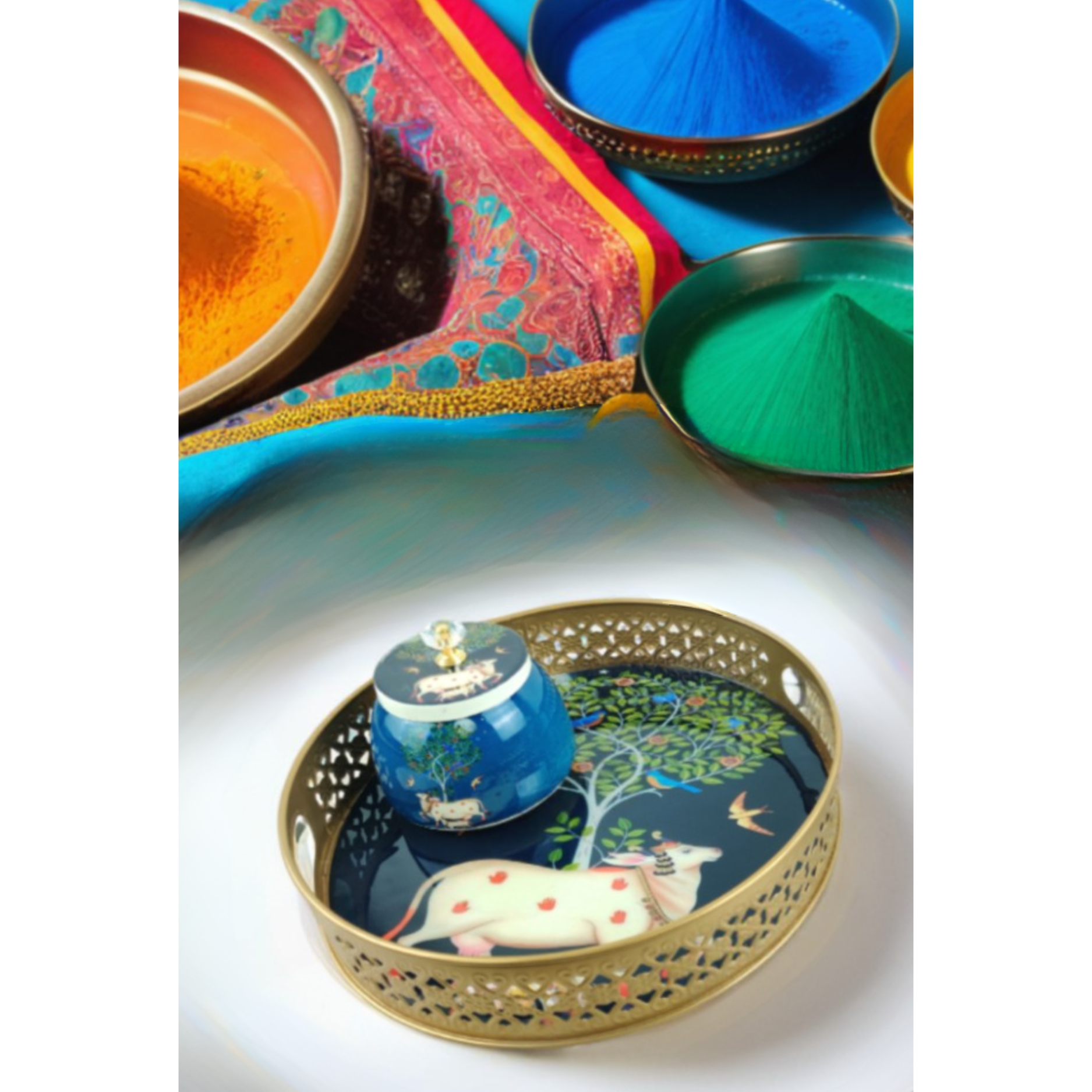 Royal Blue Sacred Cow-Themed Decorative Tray & Jar – A Symbol of Elegance & Tradition