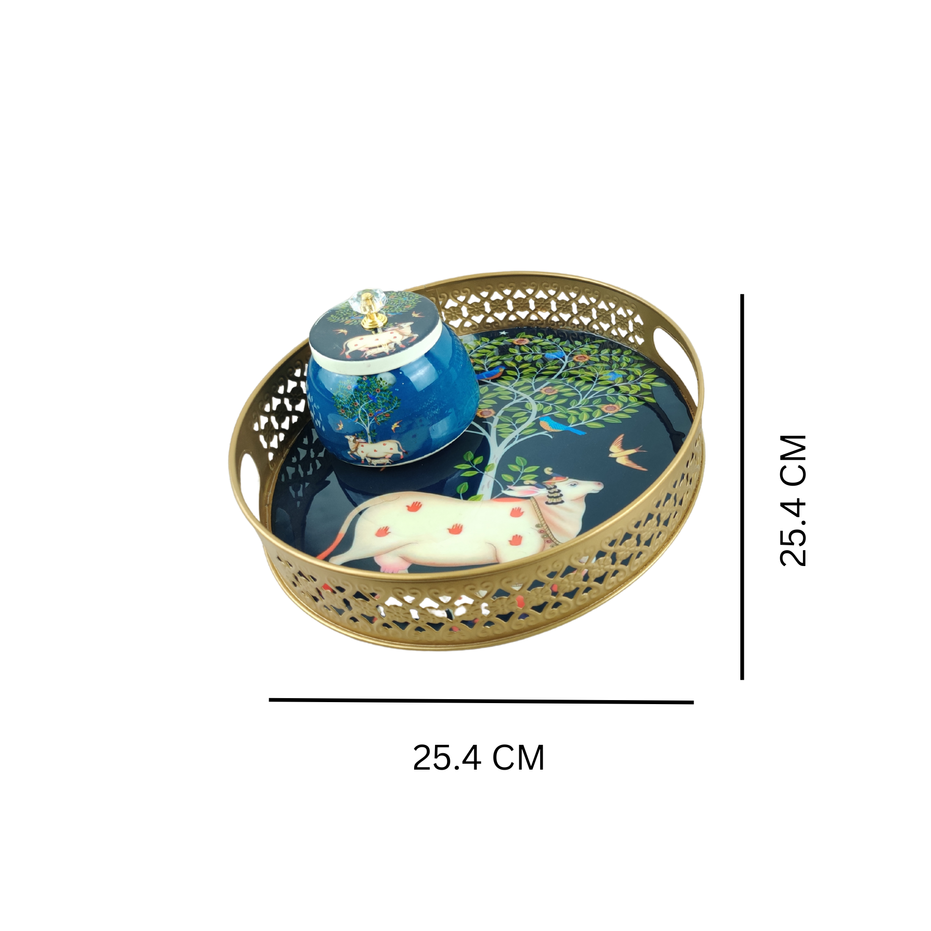 Royal Blue Sacred Cow-Themed Decorative Tray & Jar – A Symbol of Elegance & Tradition