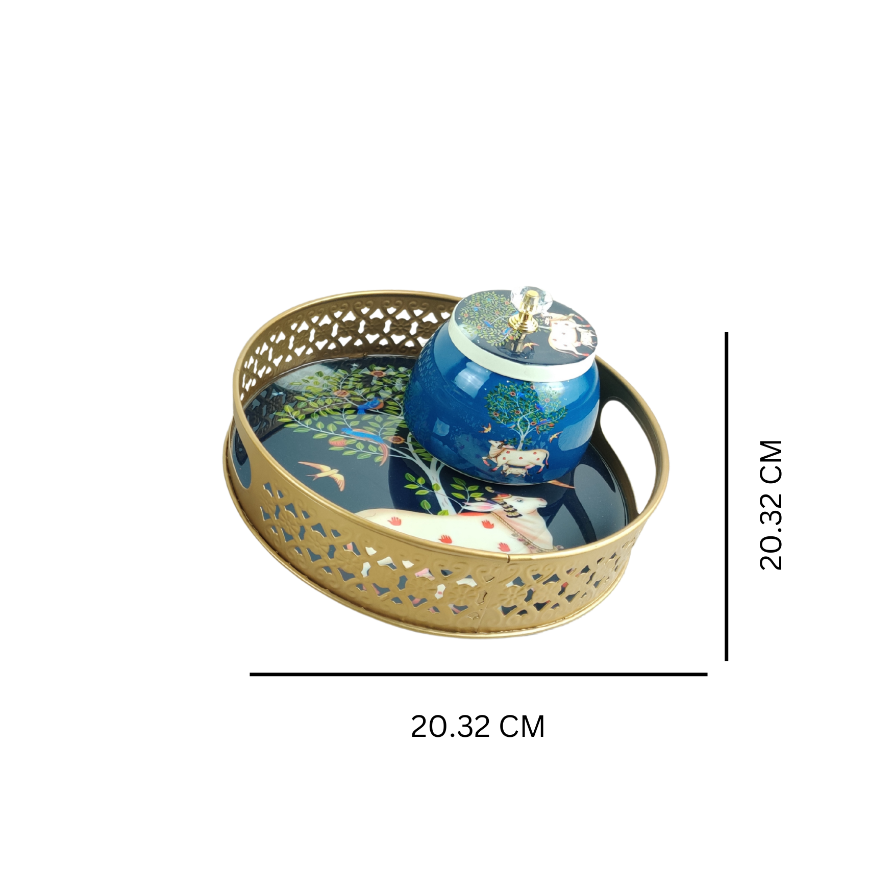 Royal Blue Sacred Cow-Themed Decorative Tray & Jar – A Symbol of Elegance & Tradition