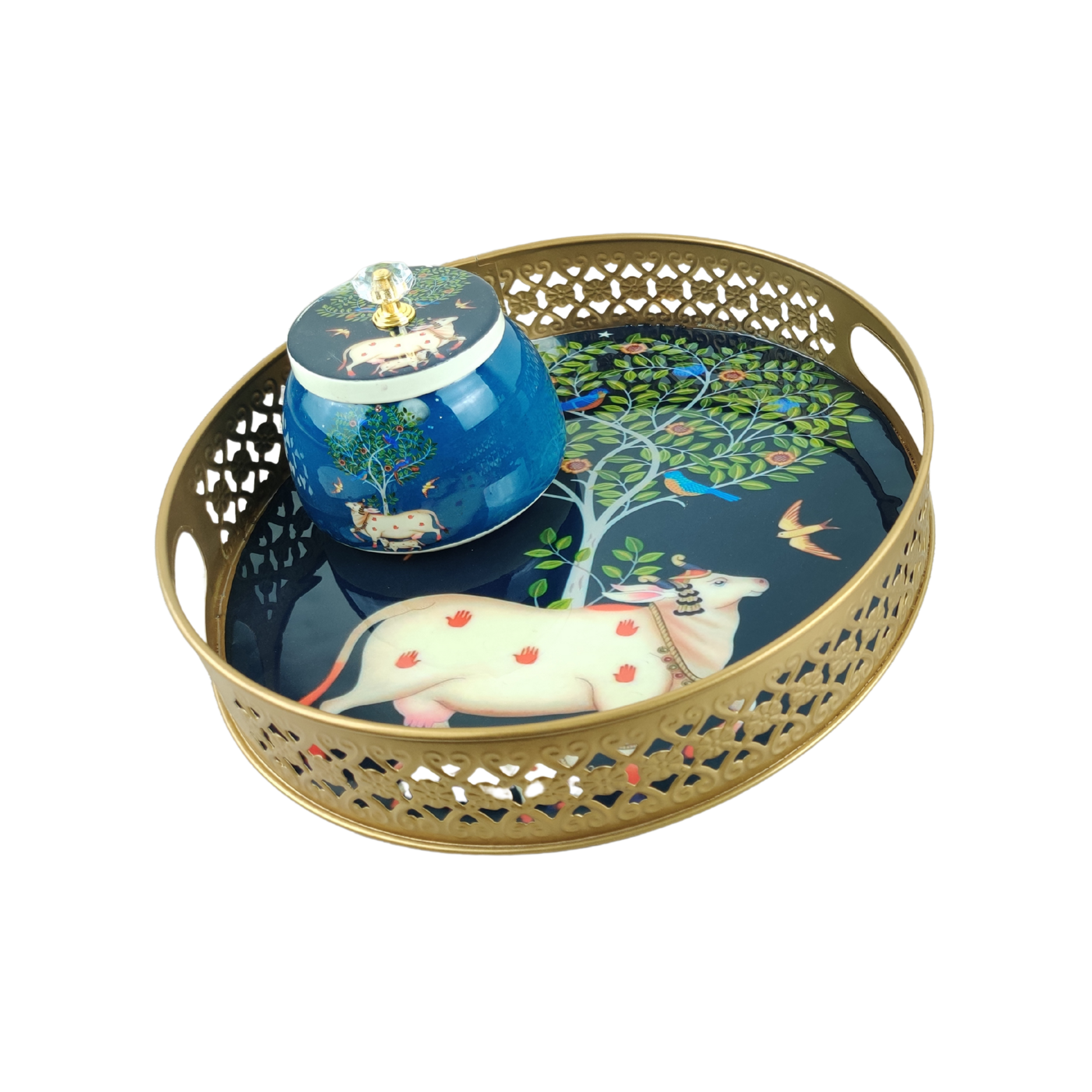 Royal Blue Sacred Cow-Themed Decorative Tray & Jar – A Symbol of Elegance & Tradition