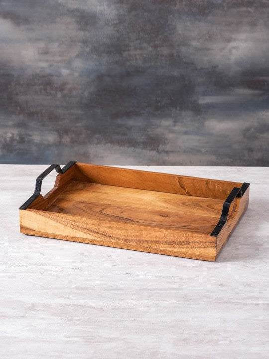 Sheesham Wood Serving Tray with Black Metal Handles