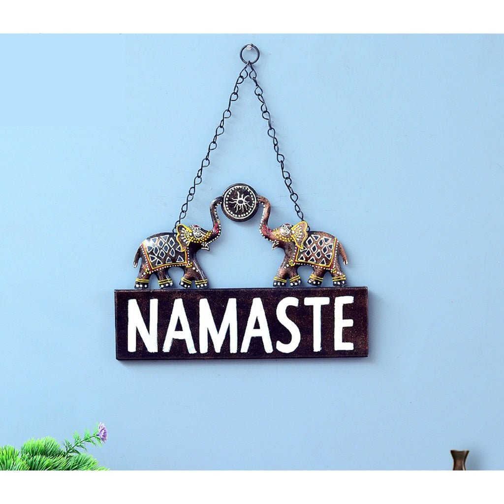 Decorative Metal "Namaste" Hanging Sign with Elephant Design – Welcome Wall Décor - Wall Art at Nestern