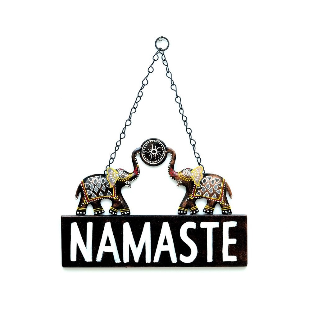 Decorative Metal "Namaste" Hanging Sign with Elephant Design – Welcome Wall Décor - Wall Art at Nestern