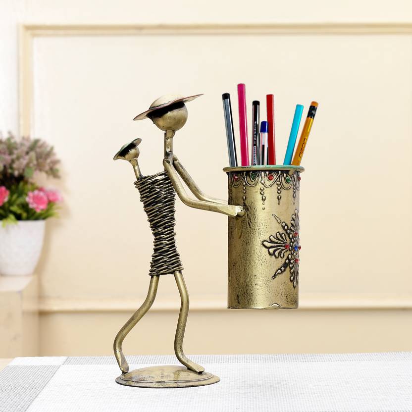 Elegant Artisanal Metal Figurine Pen Holder - Nestern