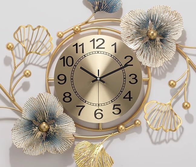 Elegant Floral Gold and Blue Wall Clock - Sophisticated Design for Modern Interiors - Home Decor at Nestern