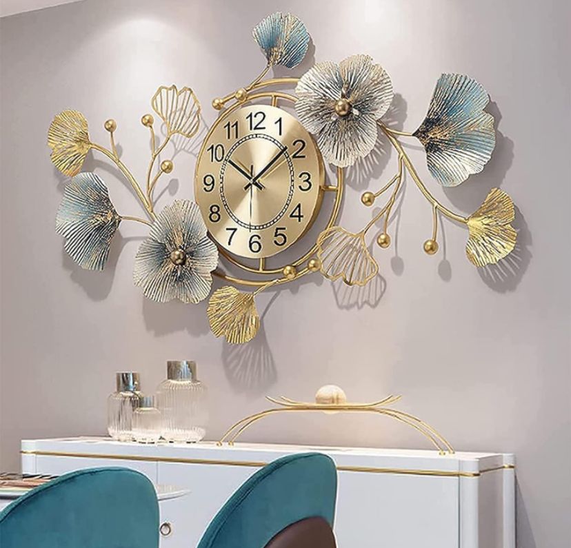 Elegant Floral Gold and Blue Wall Clock - Sophisticated Design for Modern Interiors - Home Decor at Nestern