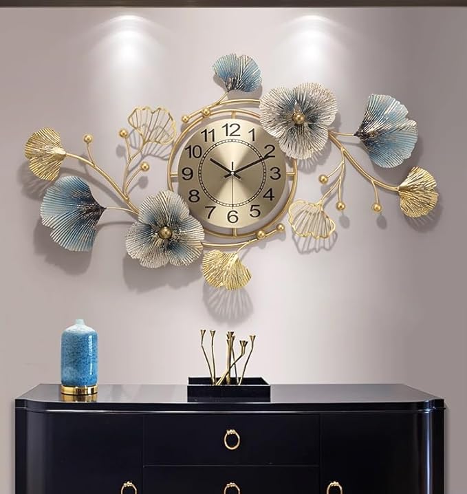 Elegant Floral Gold and Blue Wall Clock - Sophisticated Design for Modern Interiors - Home Decor at Nestern