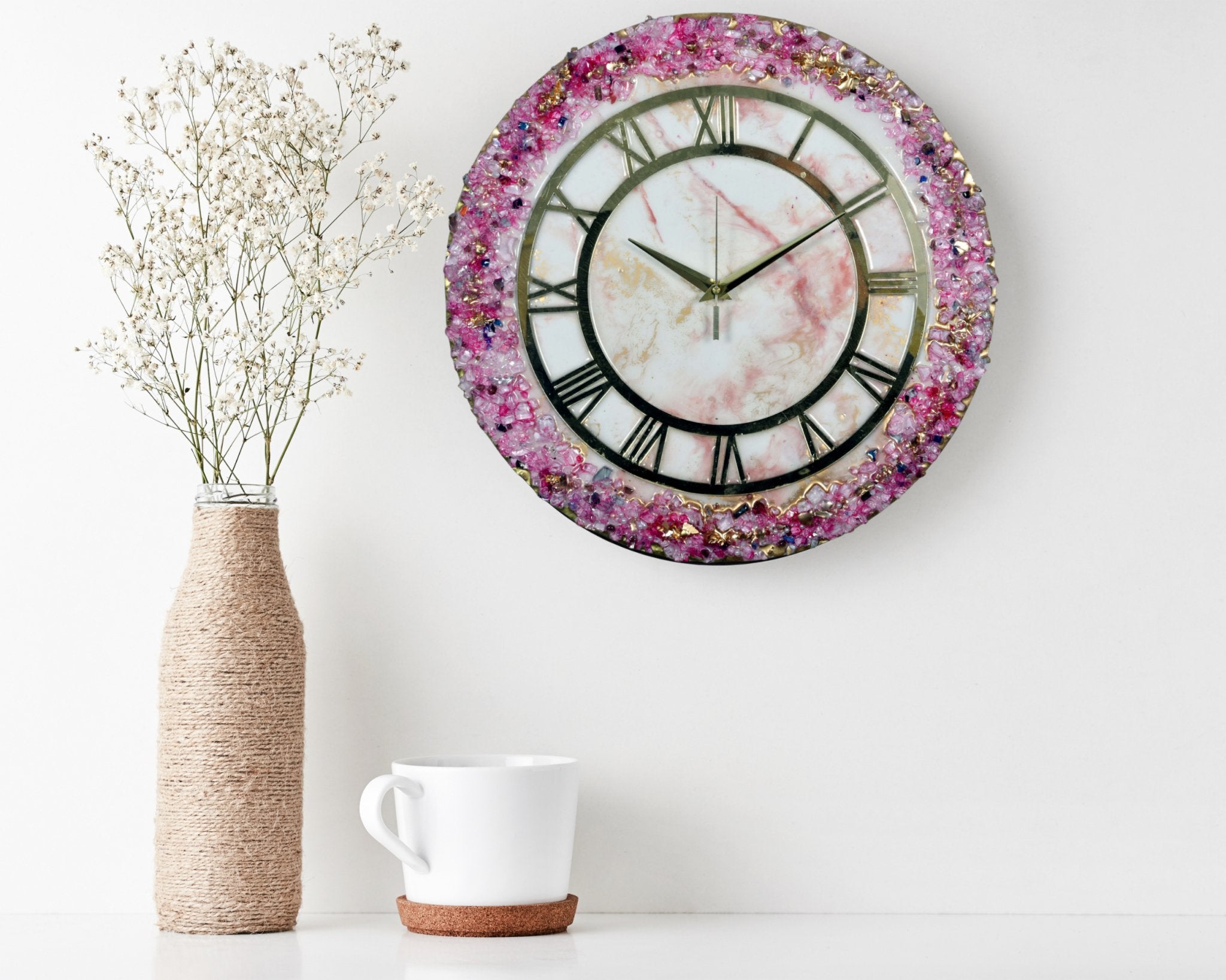 Elegant Pink Crystal Resin Wall Clock – Stunning Home Décor Accent - Wall Clock at Nestern