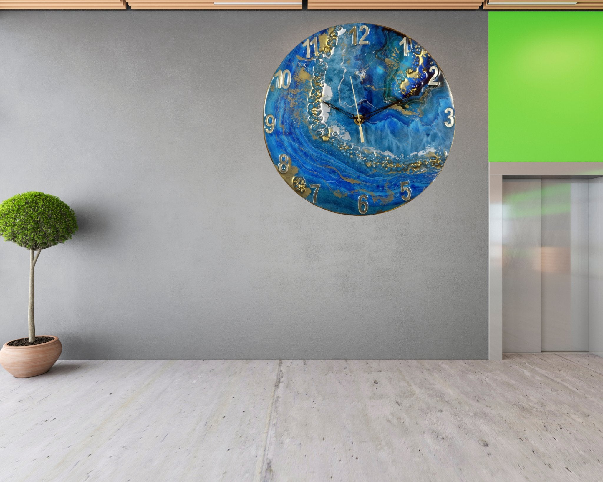 Exquisite Blue - Green & Brown Wall Clock with Natural Stone Sculpture - Wall Clock at Nestern