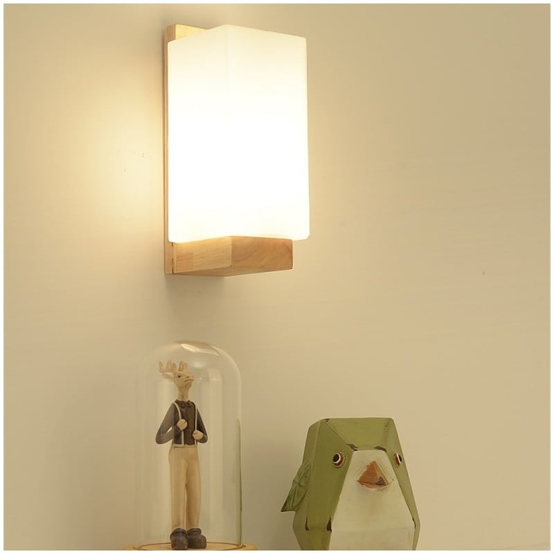 Frosted Glass Wooden Base Wall Lamp - Wall Lights at Nestern