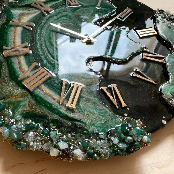 Green and Black Agate Wall Clock with Crystal Accents and Roman Numerals - Wall Clock at Nestern