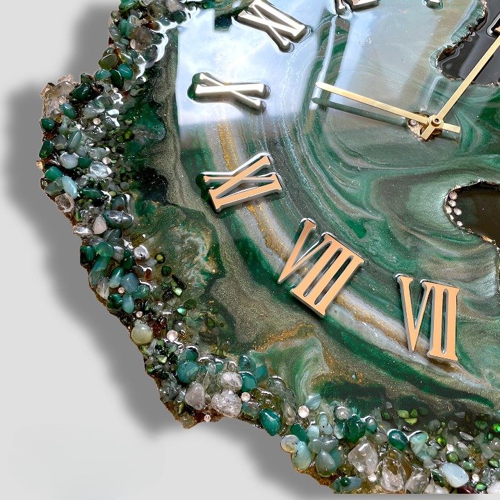 Green and Black Agate Wall Clock with Crystal Accents and Roman Numerals - Wall Clock at Nestern