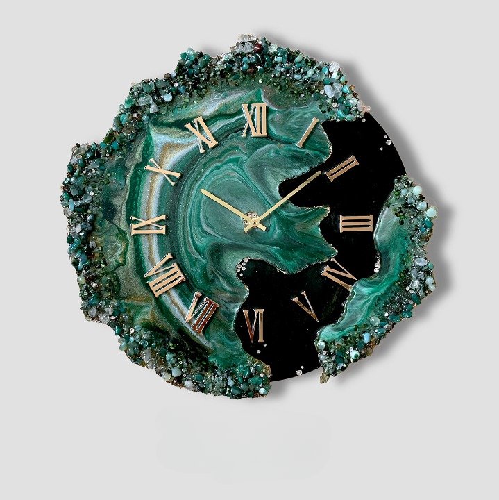 Green and Black Agate Wall Clock with Crystal Accents and Roman Numerals - Wall Clock at Nestern