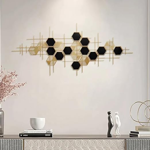 Hexagonal Elegance Wall Art in Black and Gold - Wall Art at Nestern