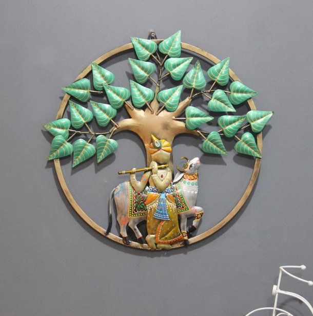 Lord Krishna with Cow Metal Wall Art – Spiritual Tree of Life Design - Wall Art at Nestern