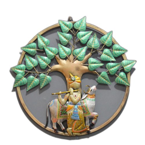 Lord Krishna with Cow Metal Wall Art – Spiritual Tree of Life Design - Wall Art at Nestern