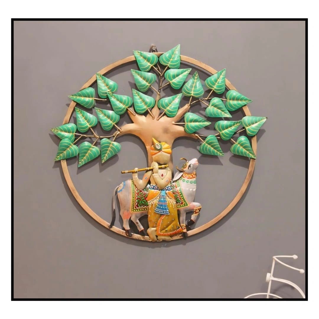 Lord Krishna with Cow Metal Wall Art – Spiritual Tree of Life Design - Wall Art at Nestern