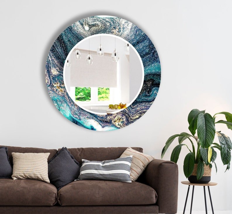 Luxe Blue Marble Epoxy Circular Mirror – Stunning Modern Elegance - Wall Mirror at Nestern