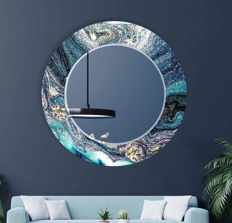 Luxe Blue Marble Epoxy Circular Mirror – Stunning Modern Elegance - Wall Mirror at Nestern