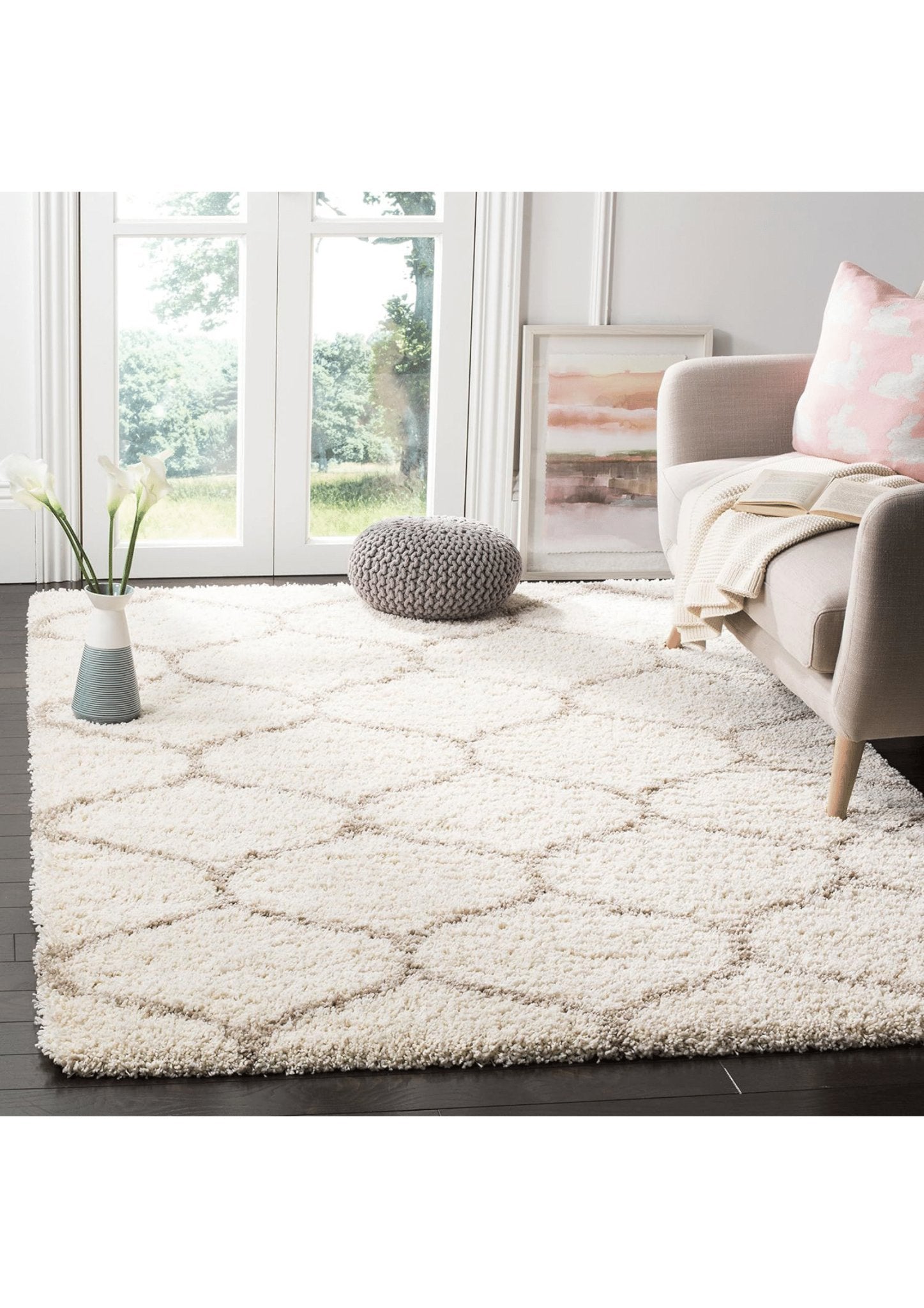 Luxe Cream Diamond - Patterned Shag Rug - Rugs at Nestern