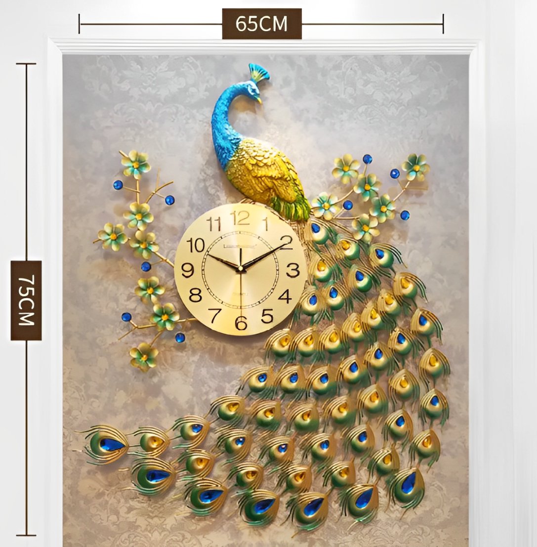 Luxurious Peacock Wall Clock with Floral Design – Elegant Metal Art Décor - Wall Clock at Nestern