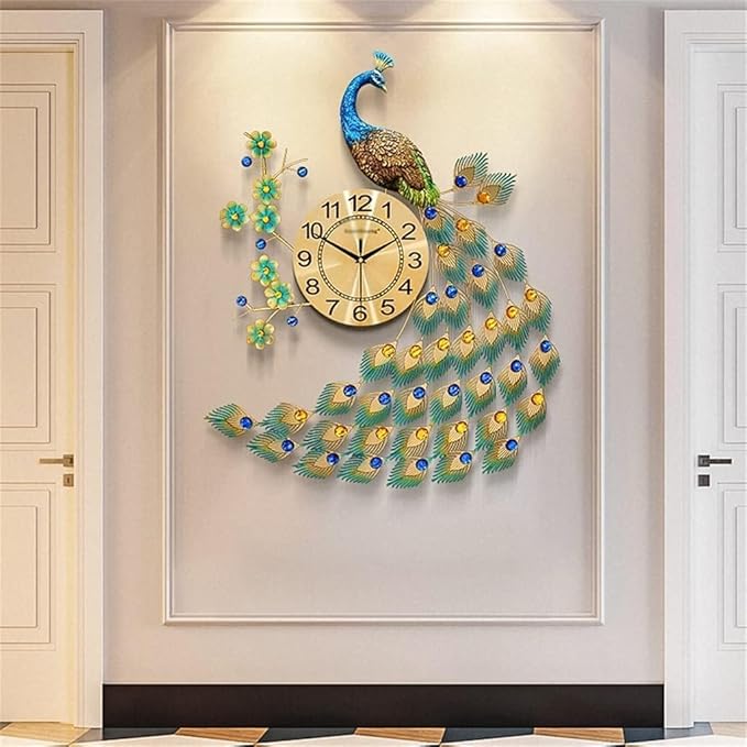 Luxurious Peacock Wall Clock with Floral Design – Elegant Metal Art Décor - Wall Clock at Nestern