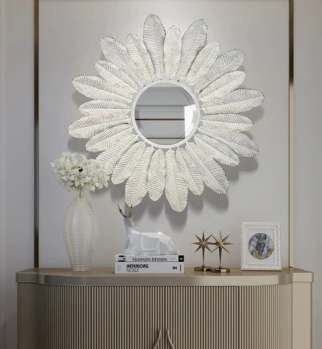 White Leaf Frame Round Mirror – Botanical-Inspired Wall Décor