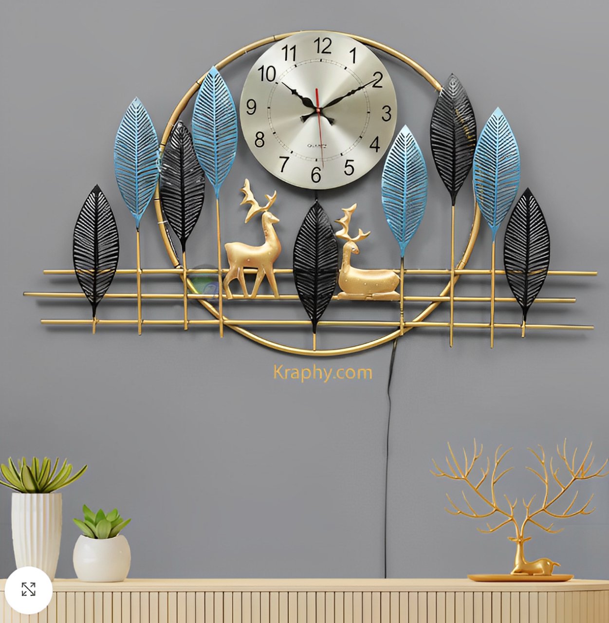 Modern Leaf and Deer Metal Wall Clock with LED Backlight – Contemporary Wall Decor - Wall Clock at Nestern