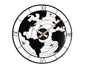 Modern World Map Wall Clock - Metal Black Globe Design - Wall Clock at Nestern