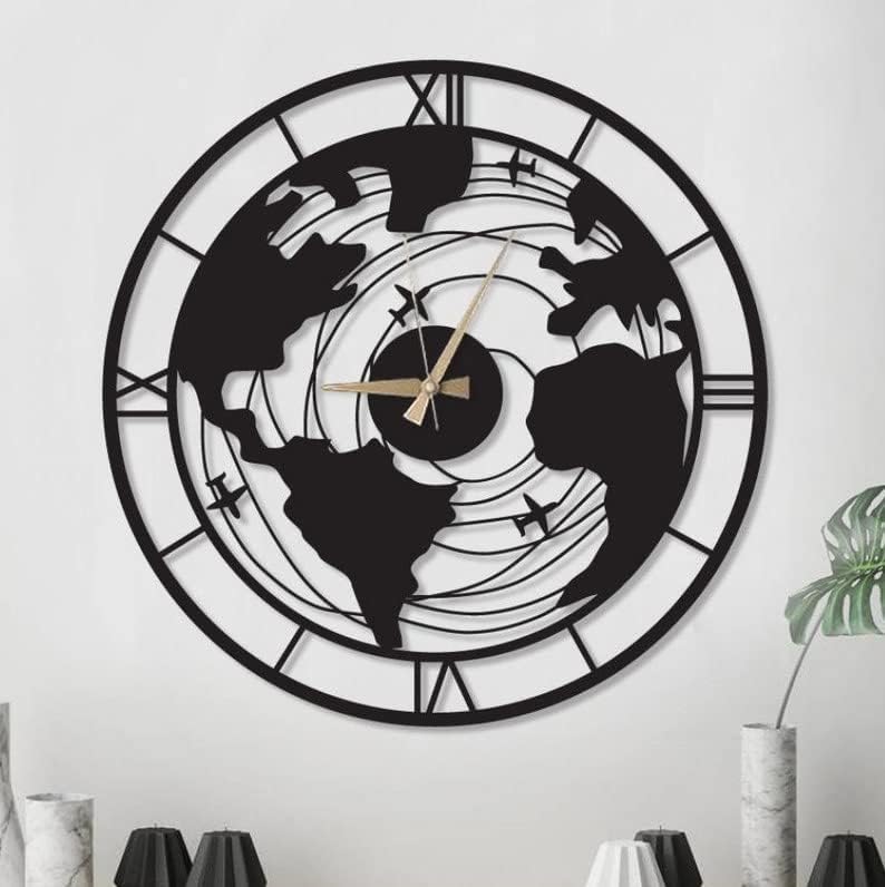 Modern World Map Wall Clock - Metal Black Globe Design - Wall Clock at Nestern