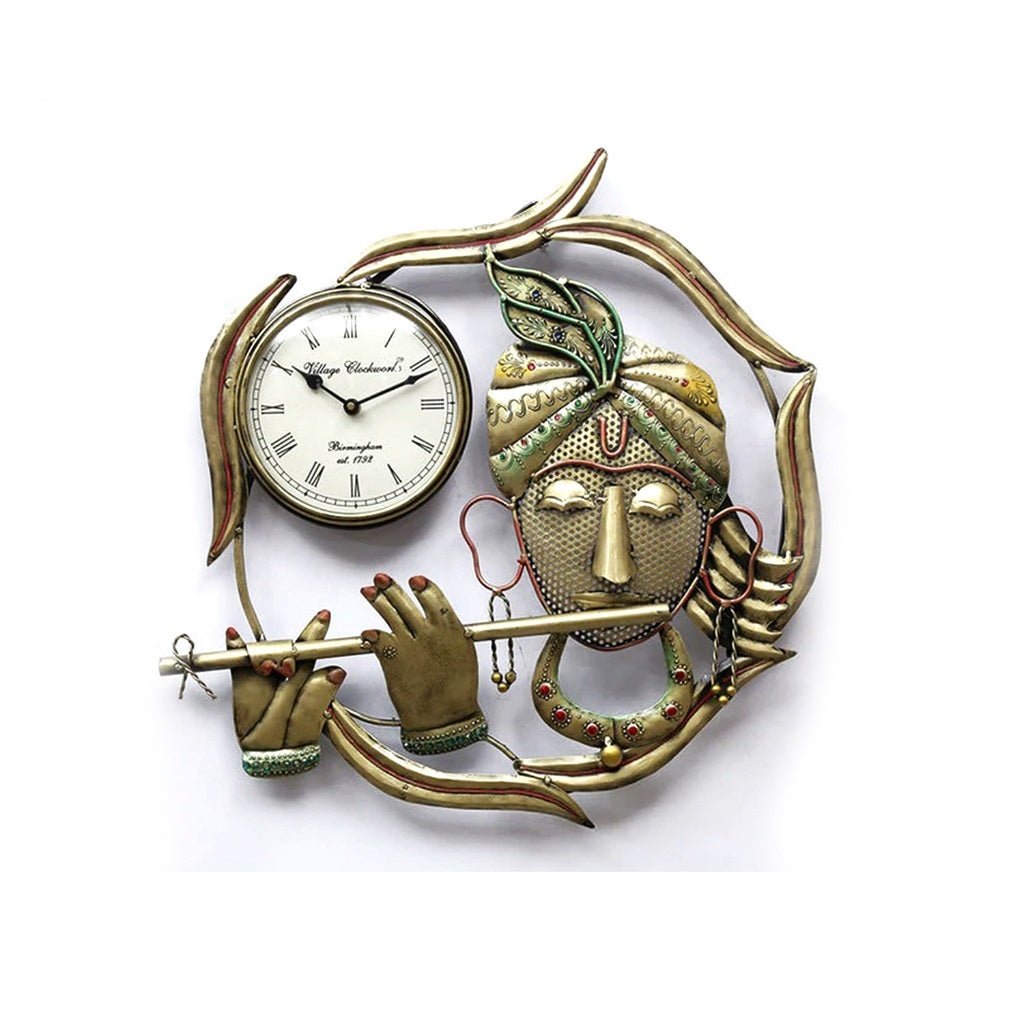 Musical Krishna Wall Clock – Artistic Metal Timepiece for Home Decor - Wall Mirror at Nestern